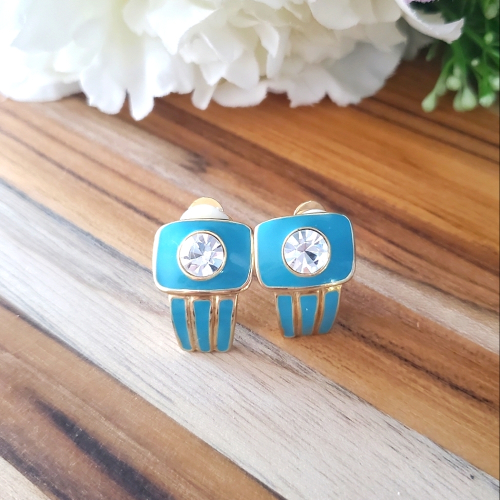 Earrings - Vintage Clip-on Earrings - Light Aqua Blue and Gold Colour